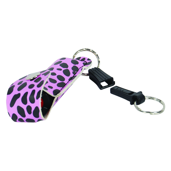 Wildfire 1.4% MC 1/2 oz pepper spray fashion leatherette holster and quick release keychain cheetah black/pink view 2
